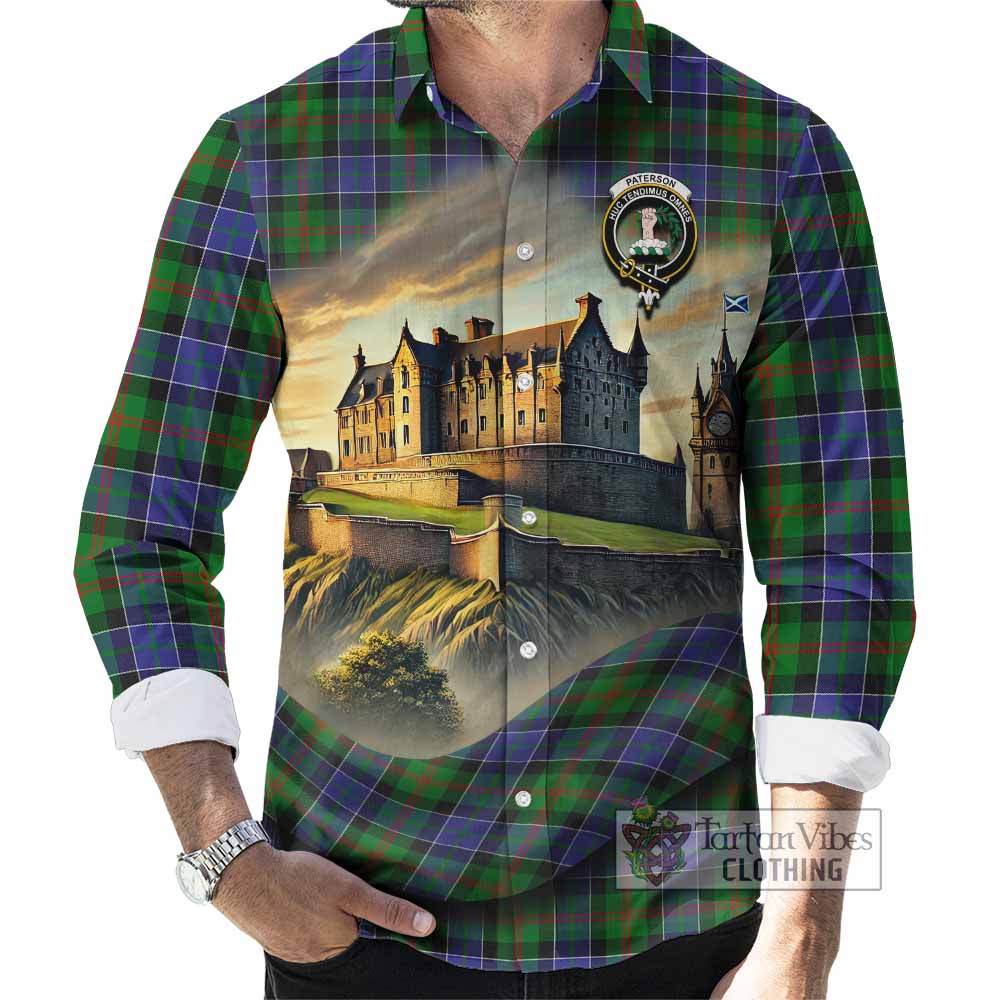 Tartan Vibes Clothing Paterson Tartan Family Crest Long Sleeve Button Shirt with Scottish Ancient Castle Style
