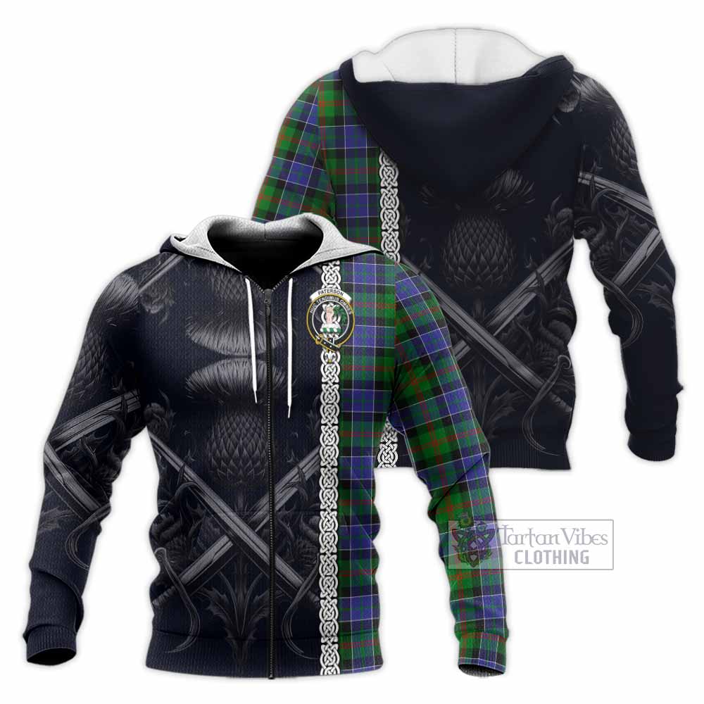 Tartan Vibes Clothing Paterson Tartan Knitted Hoodie with Family Crest Cross Sword Thistle Celtic Vibes
