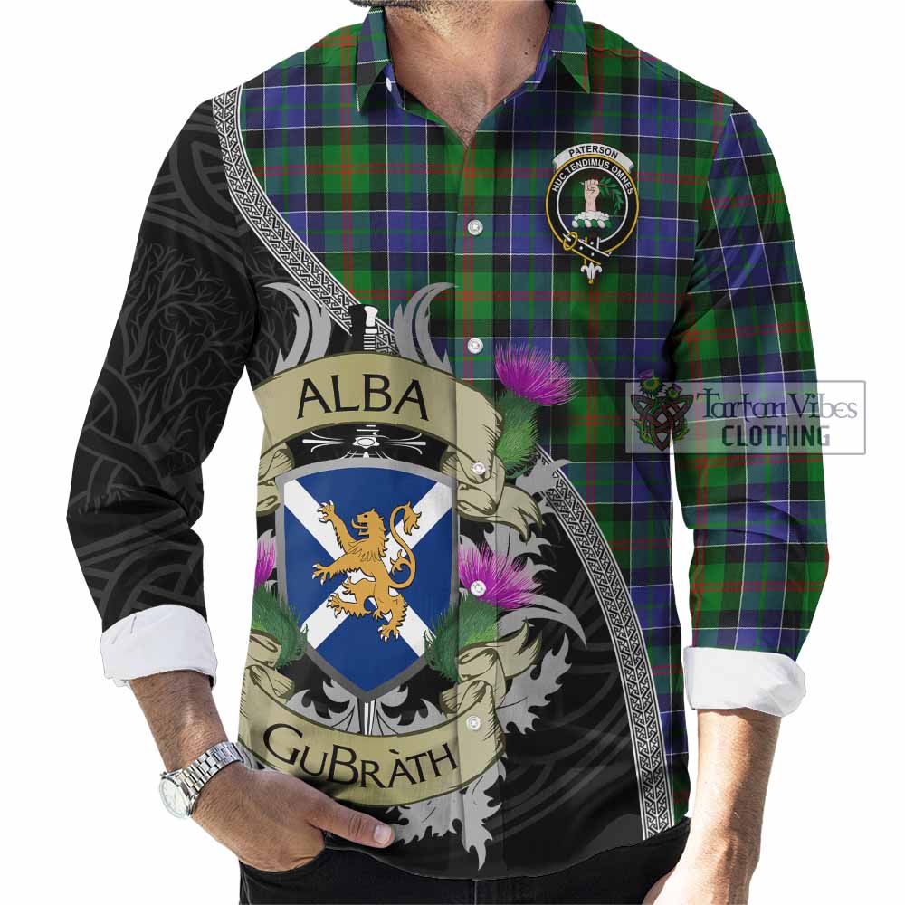 Tartan Vibes Clothing Paterson Tartan Family Crest Long Sleeve Button Shirt Lion Rampant Royal Thistle Shield Celtic Inspired