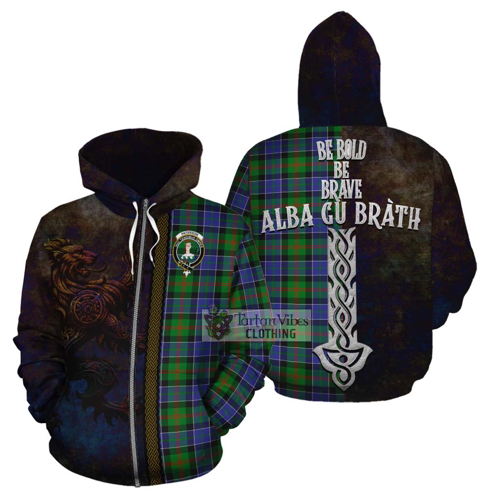 Tartan Vibes Clothing Paterson Tartan Family Crest Cotton Hoodie Alba Gu Brath Be Brave Lion Ancient Style