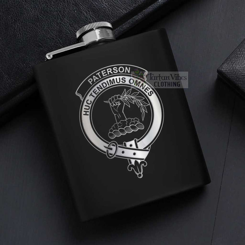 Tartan Vibes Clothing Paterson Crest Hip Flask Set 7oz Black Stainless Steel with A Gift Box