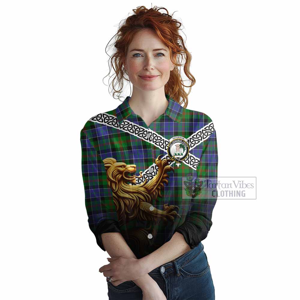 Tartan Vibes Clothing Paterson Crest Tartan Women's Casual Shirt with Golden Lion Emblem Celtic Style