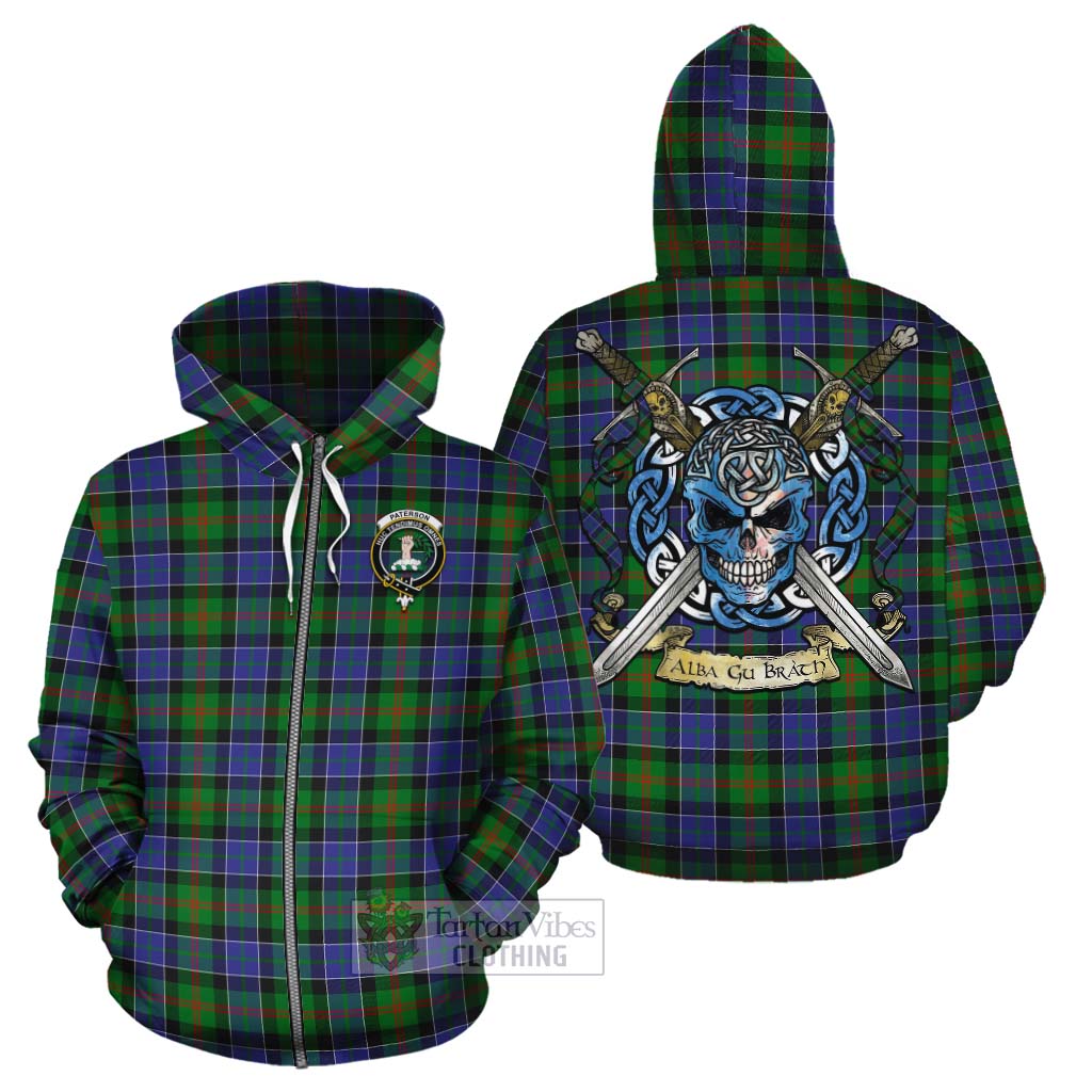 Tartan Vibes Clothing Paterson Tartan Cotton Hoodie with Family Crest Celtic Skull Style