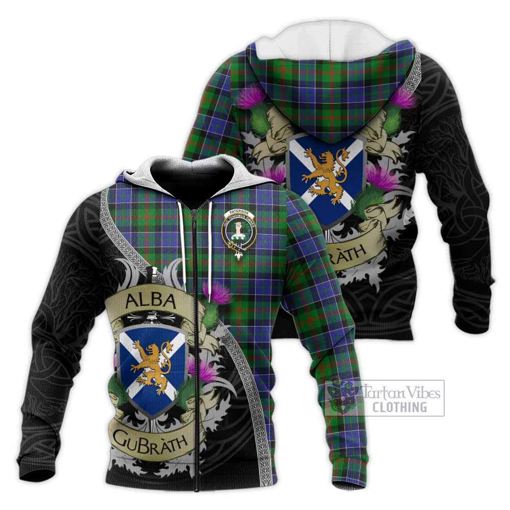 Tartan Vibes Clothing Paterson Tartan Family Crest Knitted Hoodie Lion Rampant Royal Thistle Shield Celtic Inspired