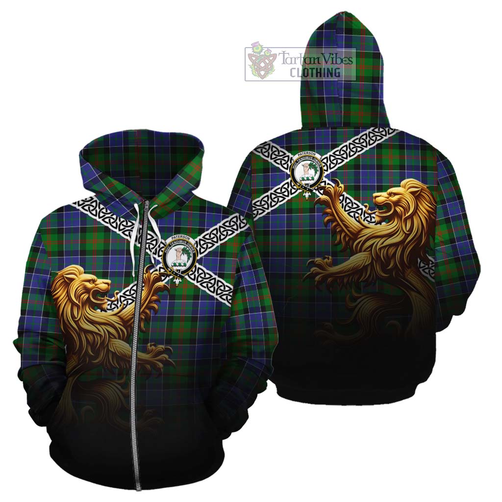 Tartan Vibes Clothing Paterson Crest Tartan Cotton Hoodie with Golden Lion Emblem Celtic Style
