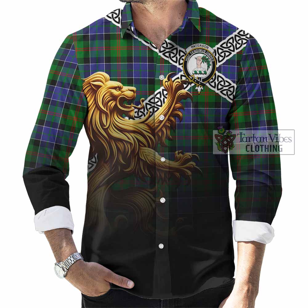 Tartan Vibes Clothing Paterson Crest Tartan Long Sleeve Button Shirt with Golden Lion Emblem Celtic Style