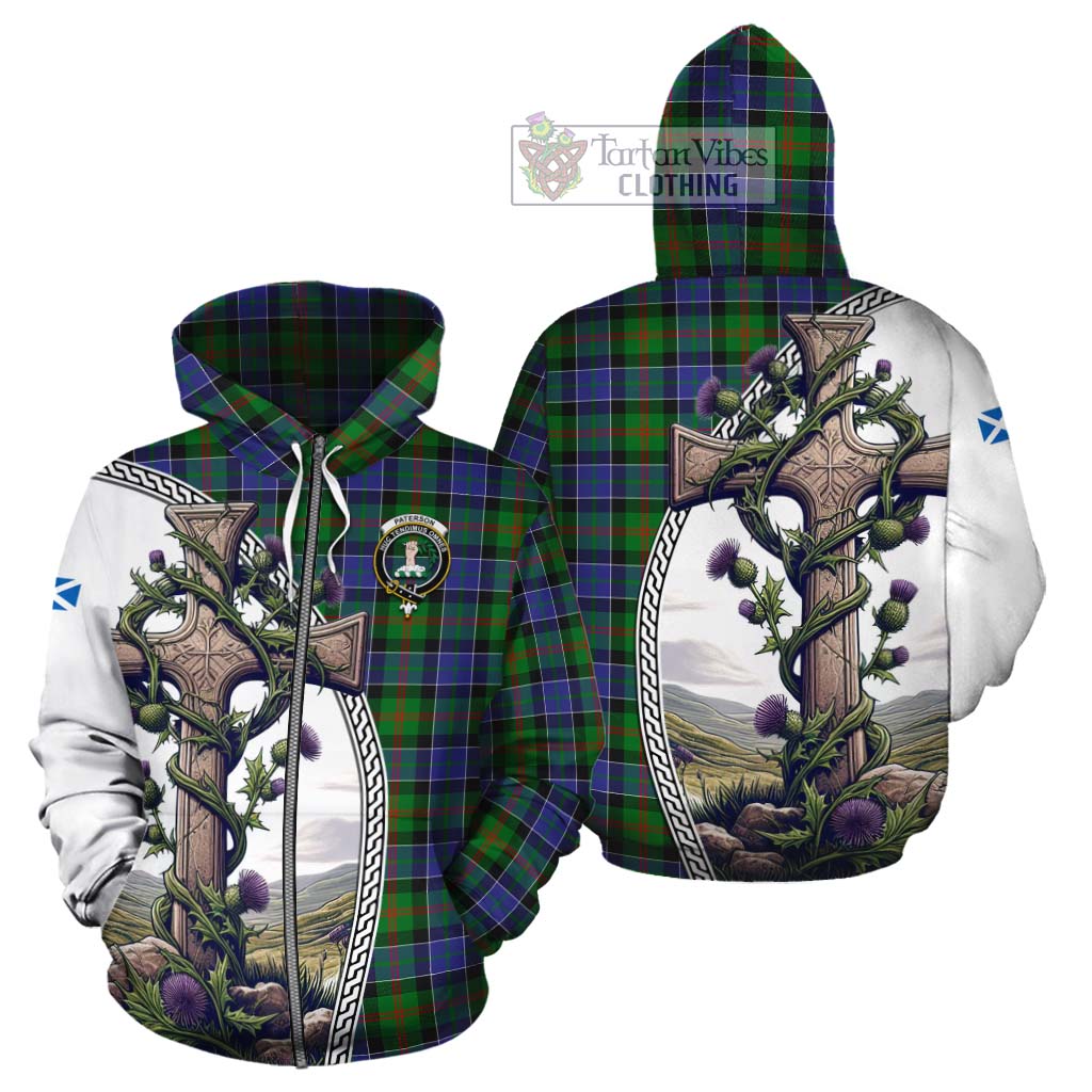 Tartan Vibes Clothing Paterson Tartan Cotton Hoodie with Family Crest and St. Andrew's Cross Accented by Thistle Vines