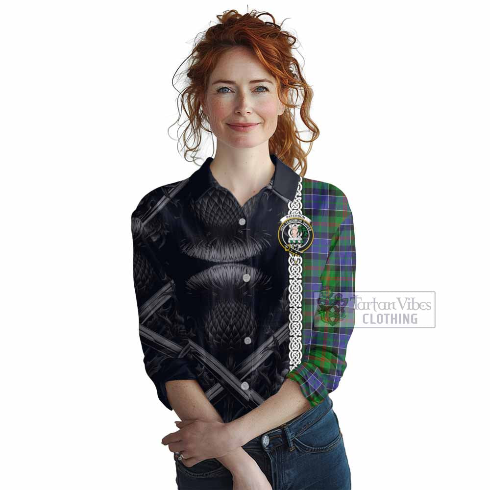 Tartan Vibes Clothing Paterson Tartan Women's Casual Shirt with Family Crest Cross Sword Thistle Celtic Vibes