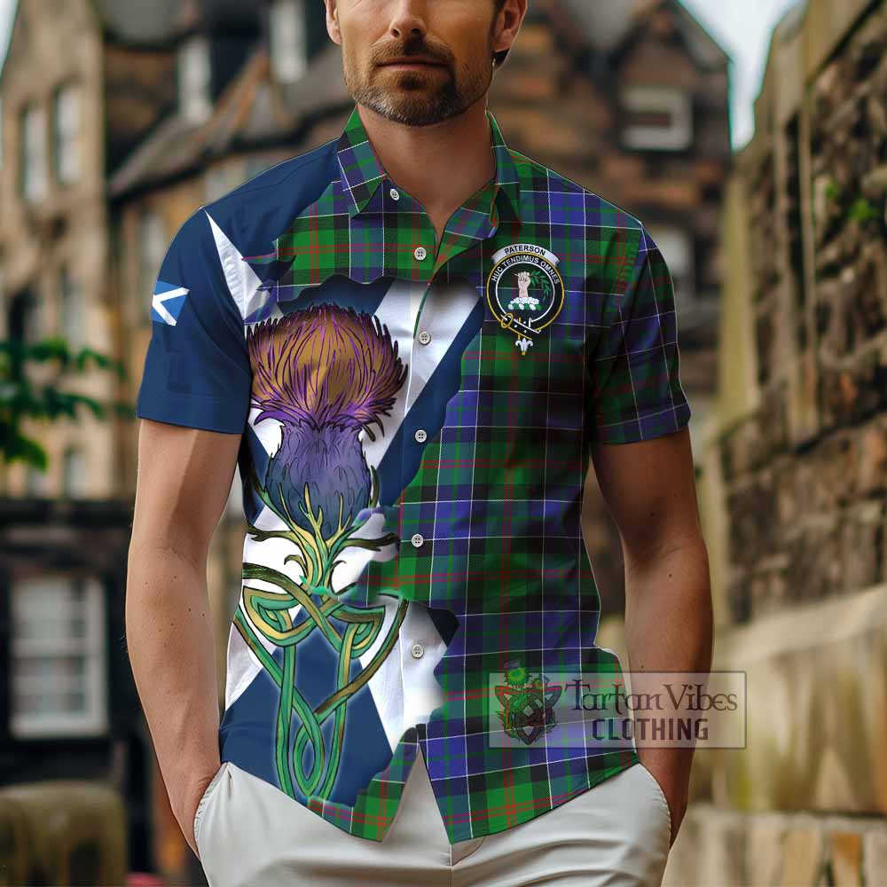 Tartan Vibes Clothing Paterson Tartan Family Crest Short Sleeve Button Shirt Scottish Thistle Celtic Inspired