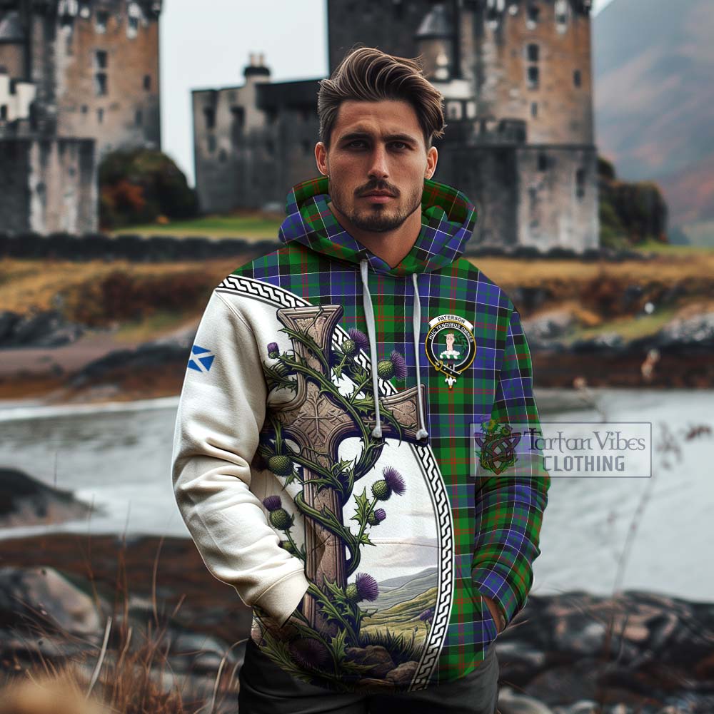 Tartan Vibes Clothing Paterson Tartan Cotton Hoodie with Family Crest and St. Andrew's Cross Accented by Thistle Vines