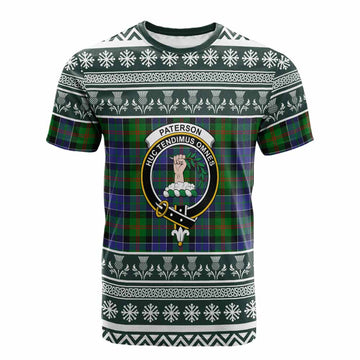 Paterson Clan Tartan Christmas Cotton T-shirt with Family Crest