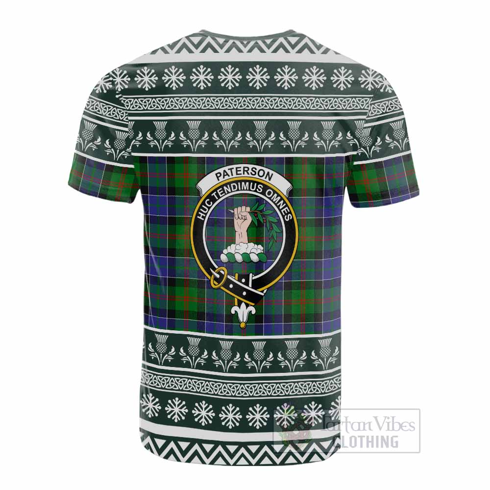 Paterson Clan Tartan Christmas Cotton T-shirt with Family Crest - Tartan Vibes Clothing