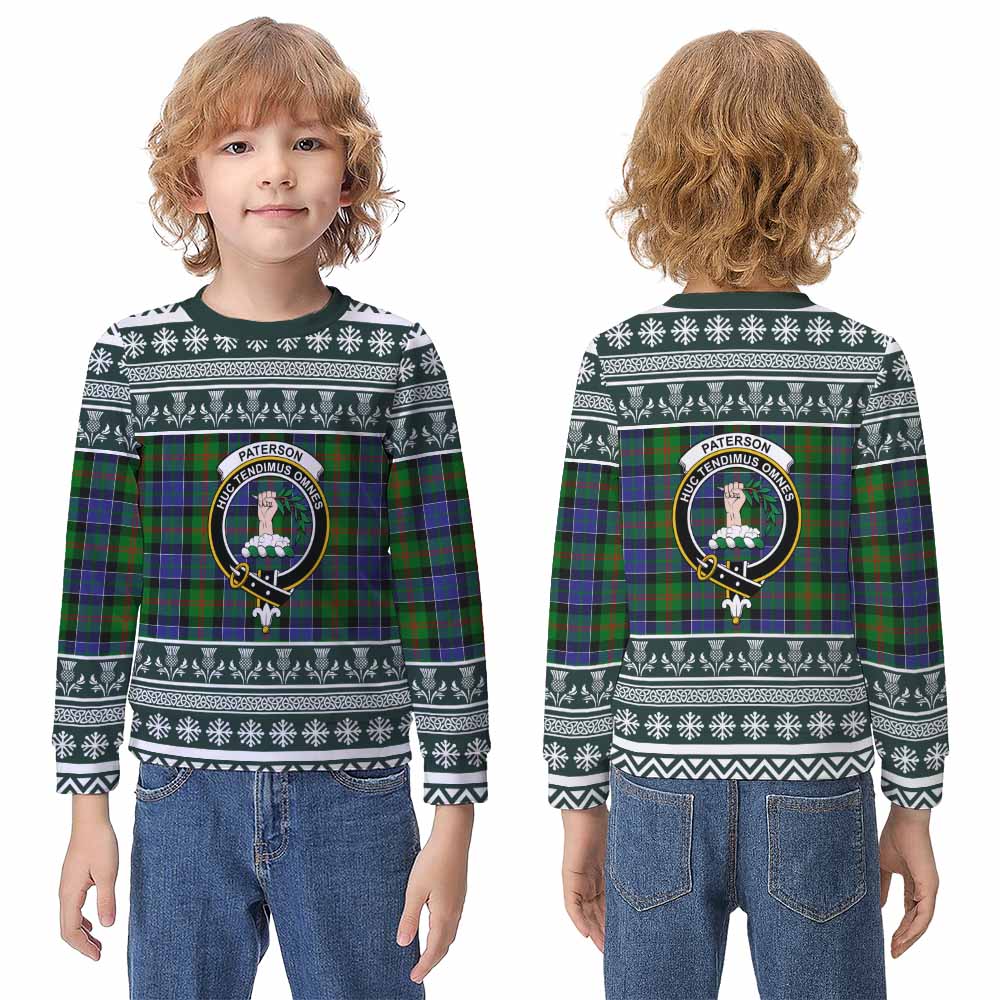 Paterson Clan Tartan Christmas Kid Ugly Sweatshirt with Family Crest - Tartan Vibes Clothing