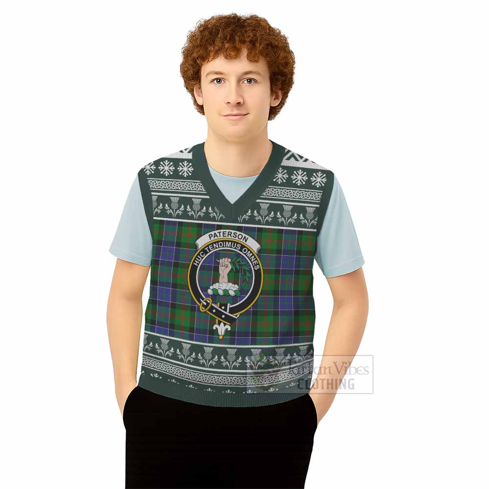 Paterson Clan Tartan Christmas Knitted V-Neck Vest with Family Crest - Tartan Vibes Clothing
