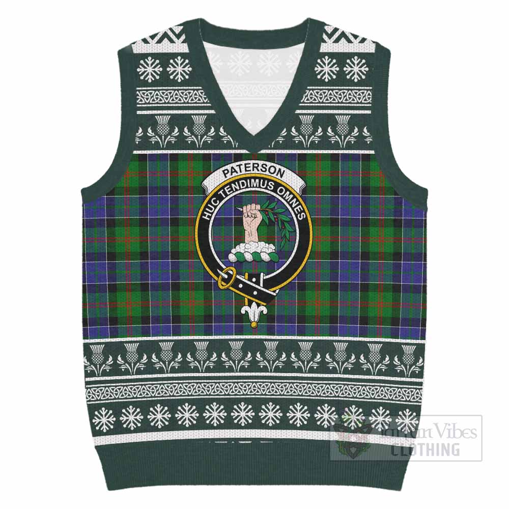 Paterson Clan Tartan Christmas Knitted V-Neck Vest with Family Crest - Tartan Vibes Clothing