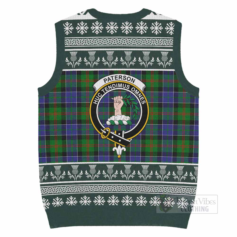 Paterson Clan Tartan Christmas Knitted V-Neck Vest with Family Crest - Tartan Vibes Clothing
