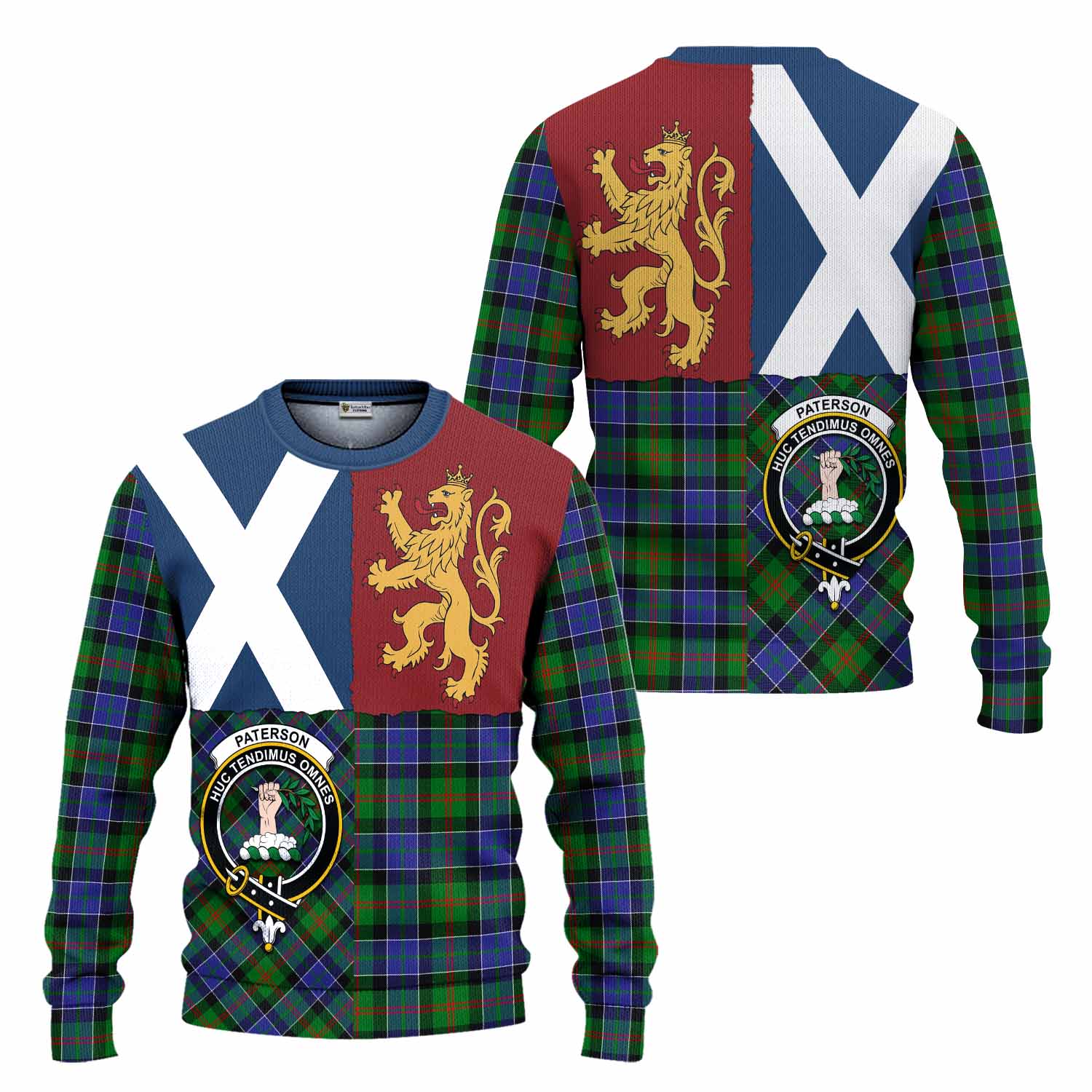 Paterson Crest Tartan Knitted Sweater with Lion Rampant Saltire Style