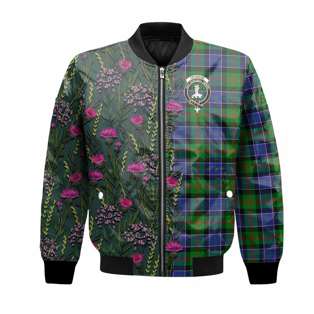 Paterson Family Crest Tartan Bomber Jacket Scottish Thistle Flower Pattern Half Style - Tartan Vibes Clothing