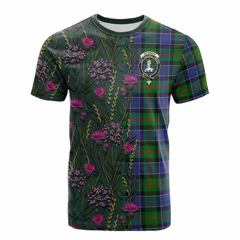 Paterson Family Crest Tartan Cotton T-shirt Scottish Thistle Flower Pattern Half Style - Tartan Vibes Clothing