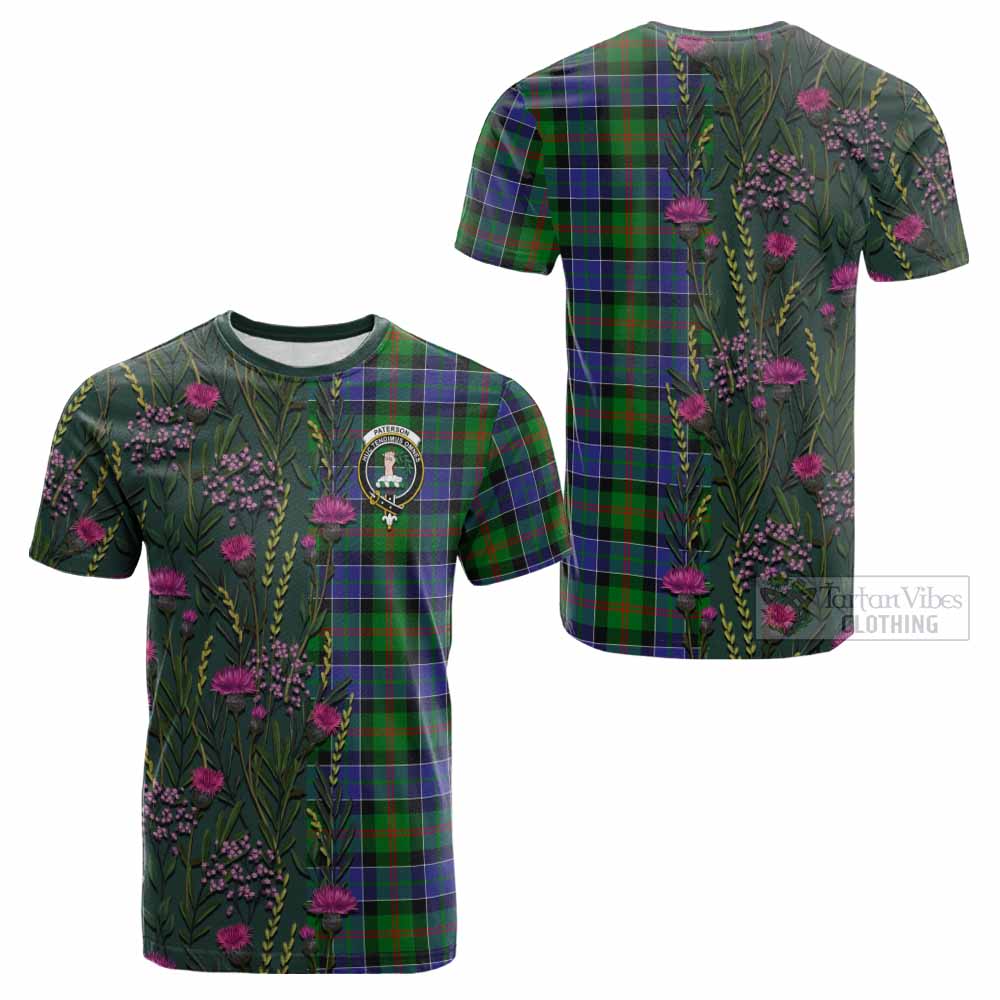 Paterson Family Crest Tartan Cotton T-shirt Scottish Thistle Flower Pattern Half Style - Tartan Vibes Clothing