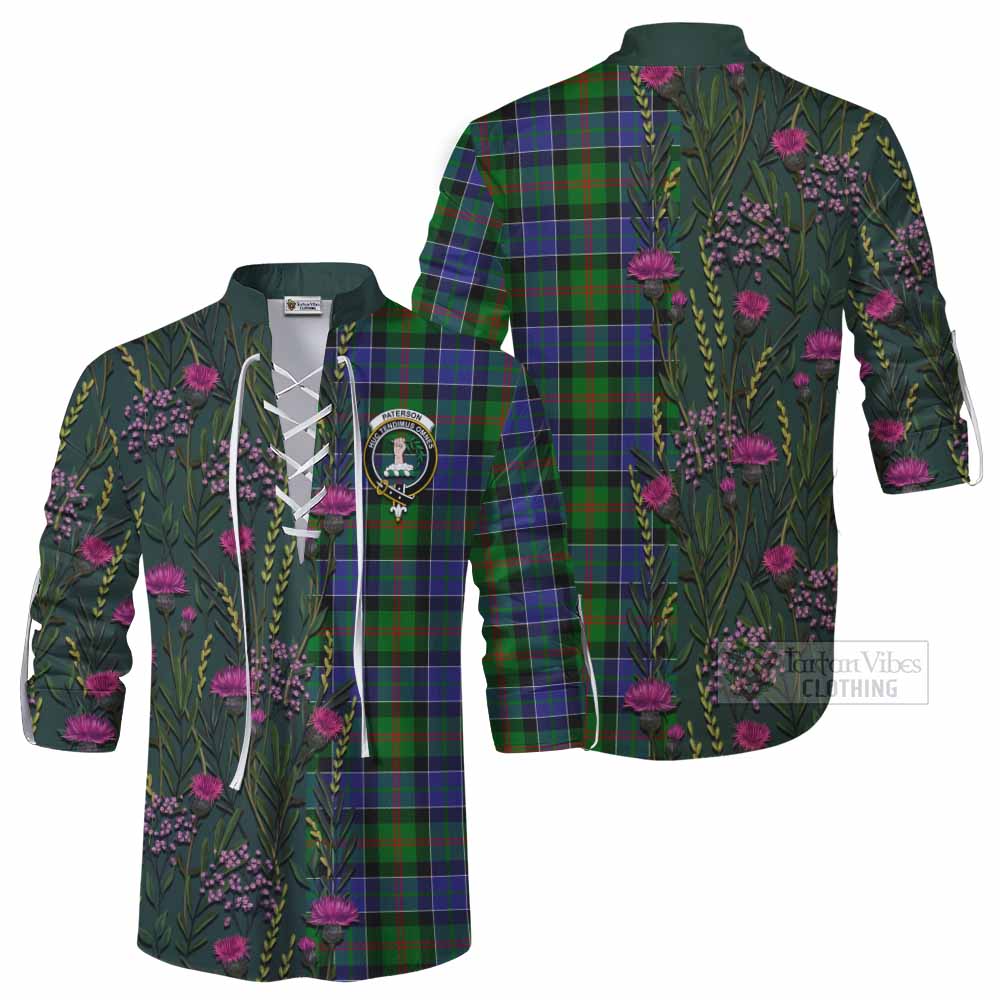 Paterson Family Crest Tartan Ghillie Shirt Scottish Thistle Flower Pattern Half Style - Tartan Vibes Clothing
