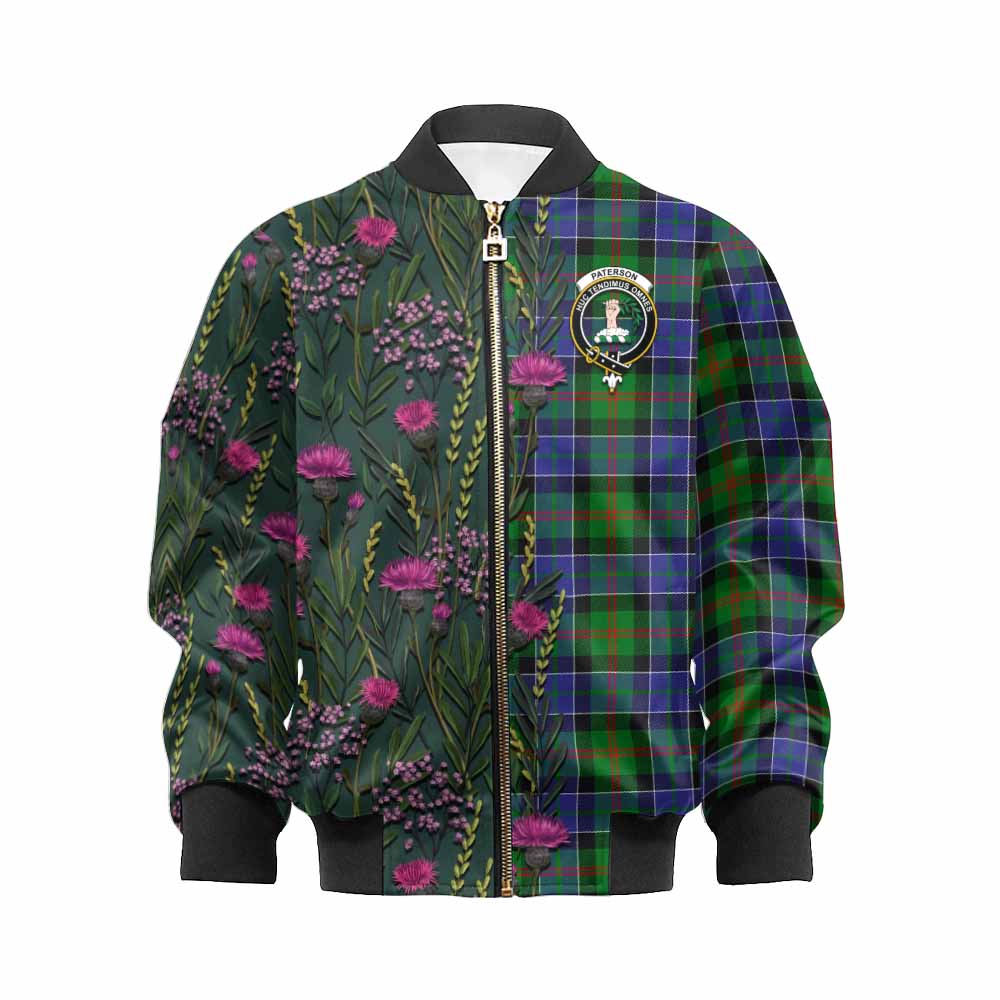 Paterson Family Crest Tartan Kid Bomber Jacket Scottish Thistle Flower Pattern Half Style - Tartan Vibes Clothing