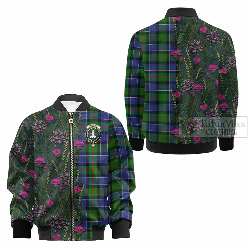 Paterson Family Crest Tartan Kid Bomber Jacket Scottish Thistle Flower Pattern Half Style - Tartan Vibes Clothing