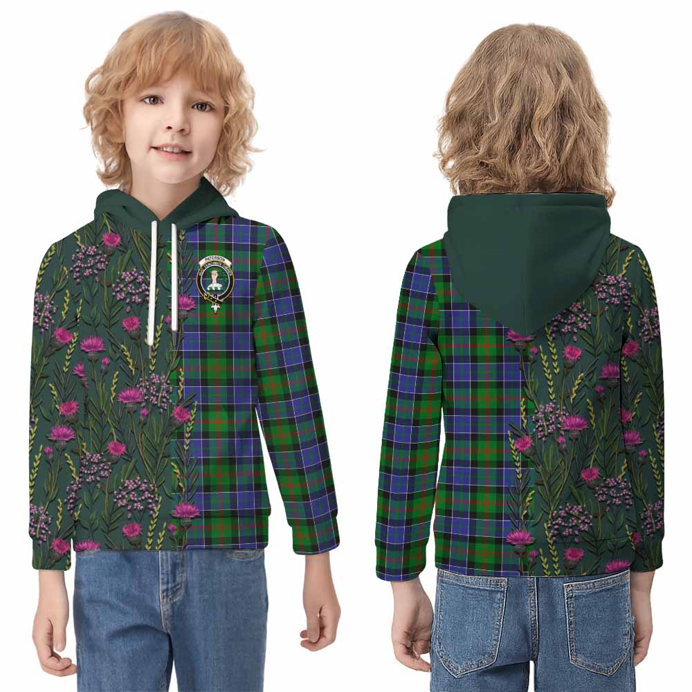 Paterson Family Crest Tartan Kid Hoodie Scottish Thistle Flower Pattern Half Style - Tartan Vibes Clothing