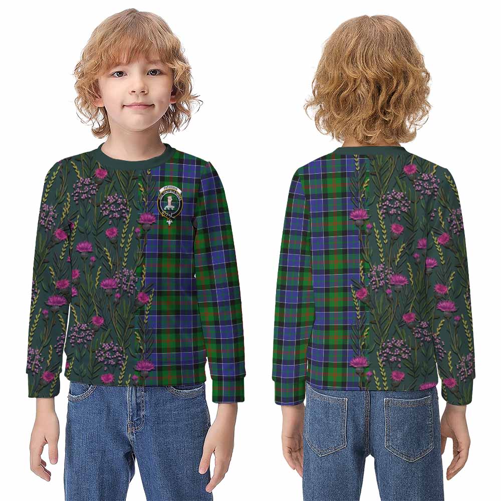 Paterson Family Crest Tartan Kid Knitted Sweatshirt Scottish Thistle Flower Pattern Half Style - Tartan Vibes Clothing