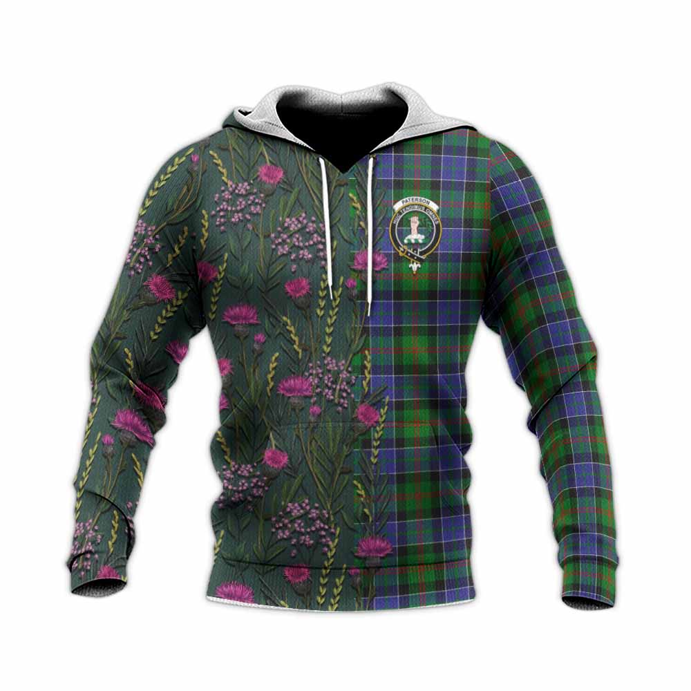 Paterson Family Crest Tartan Knitted Hoodie Scottish Thistle Flower Pattern Half Style - Tartan Vibes Clothing