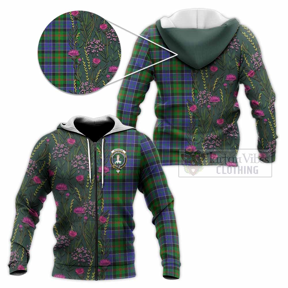 Paterson Family Crest Tartan Knitted Hoodie Scottish Thistle Flower Pattern Half Style - Tartan Vibes Clothing