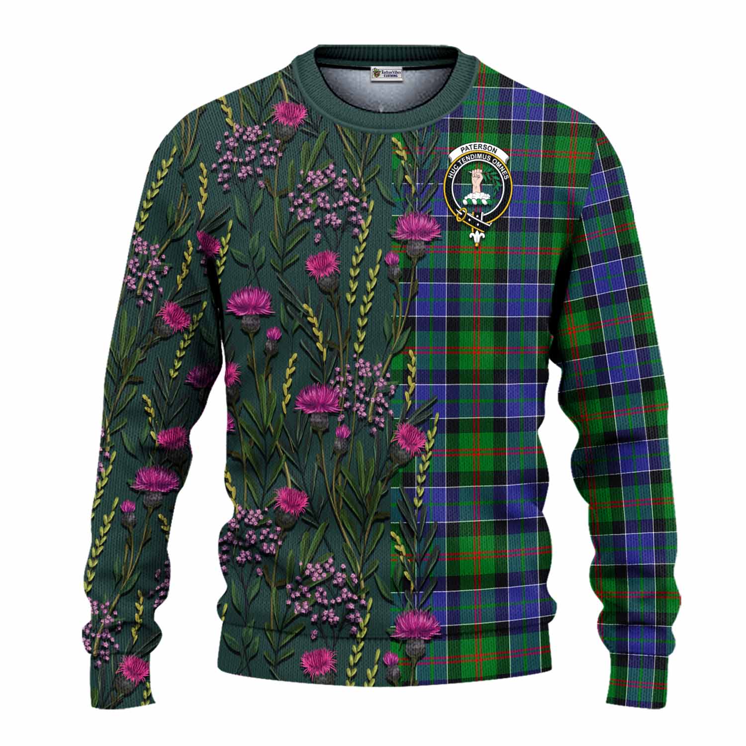 Paterson Family Crest Tartan Knitted Sweater Scottish Thistle Flower Pattern Half Style - Tartan Vibes Clothing