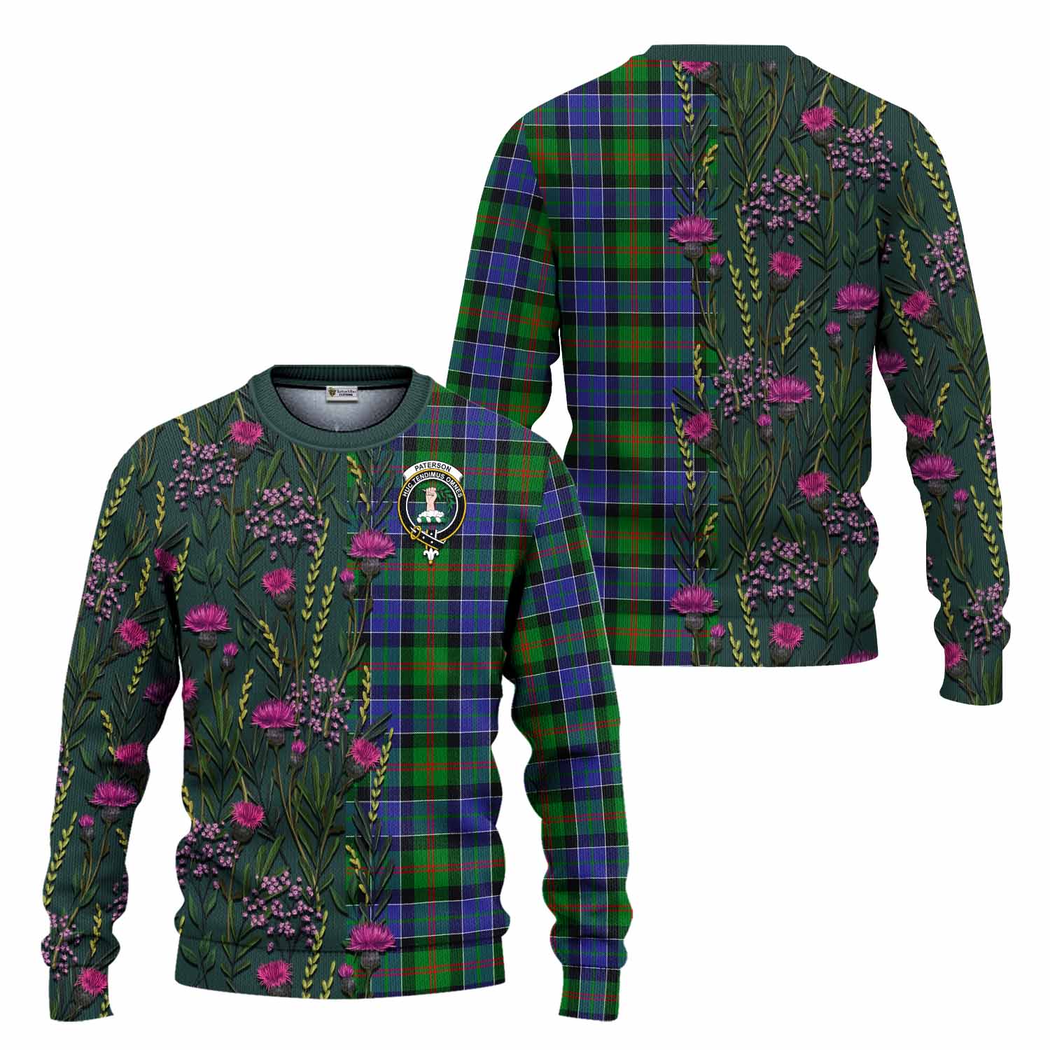 Paterson Family Crest Tartan Knitted Sweater Scottish Thistle Flower Pattern Half Style - Tartan Vibes Clothing