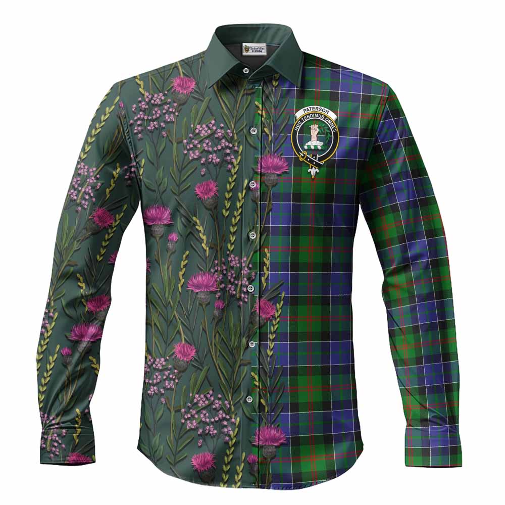 Paterson Family Crest Tartan Long Sleeve Button Shirts Scottish Thistle Flower Pattern Half Style - Tartan Vibes Clothing