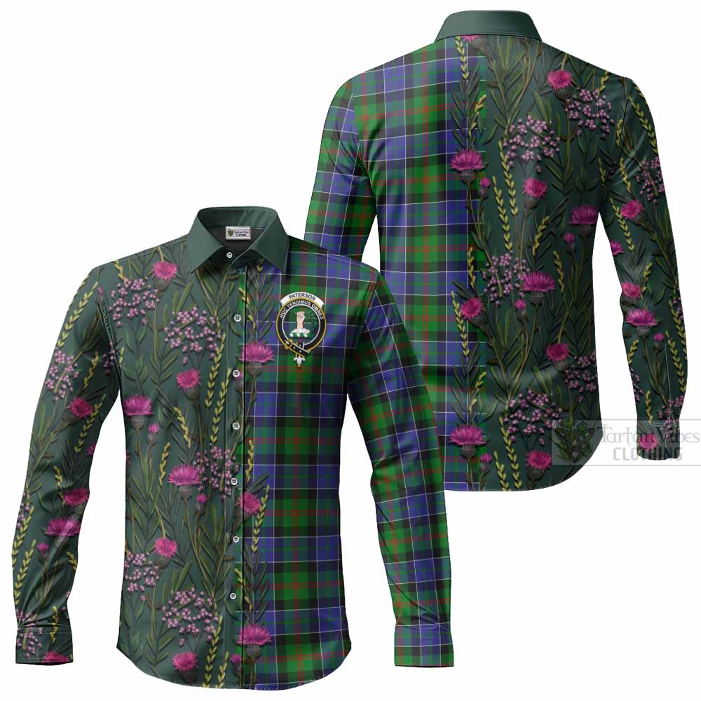 Paterson Family Crest Tartan Long Sleeve Button Shirts Scottish Thistle Flower Pattern Half Style - Tartan Vibes Clothing