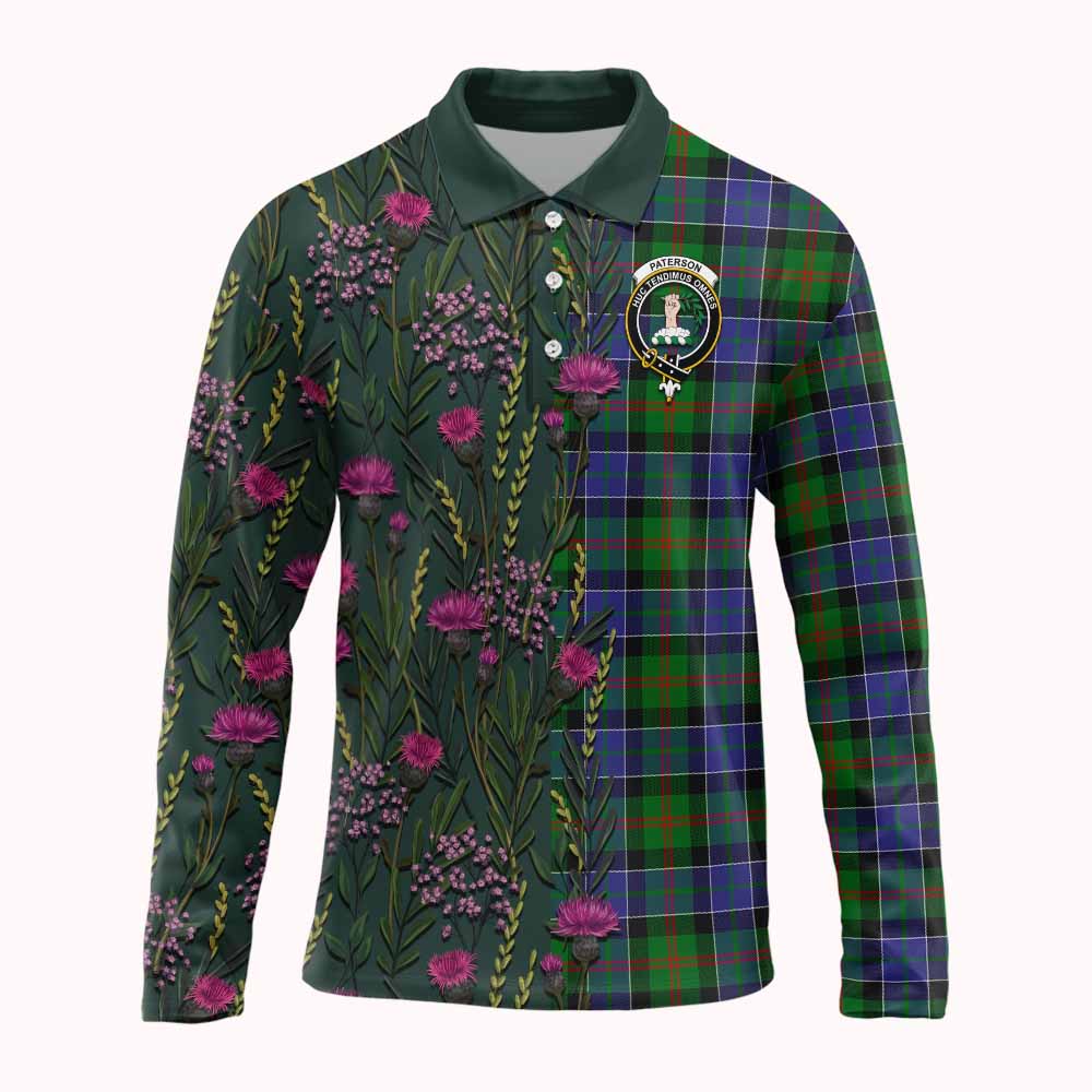 Paterson Family Crest Tartan Long Sleeve Polo Shirt Scottish Thistle Flower Pattern Half Style - Tartan Vibes Clothing