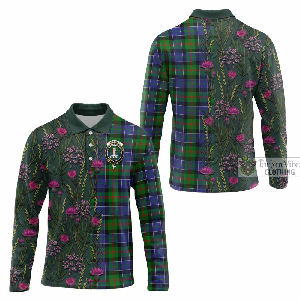 Paterson Family Crest Tartan Long Sleeve Polo Shirt Scottish Thistle Flower Pattern Half Style - Tartan Vibes Clothing