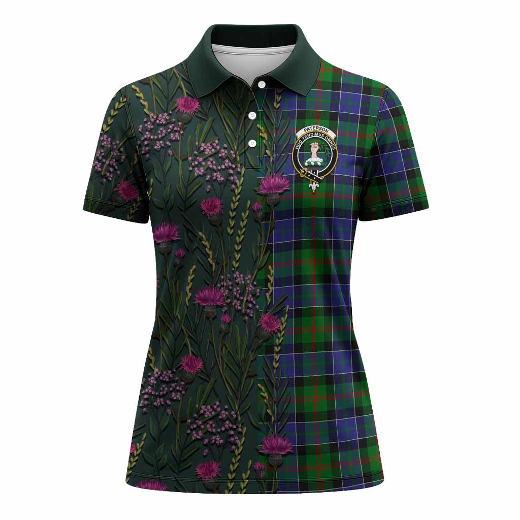 Paterson Family Crest Tartan Women Polo Shirt Scottish Thistle Flower Pattern Half Style - Tartan Vibes Clothing