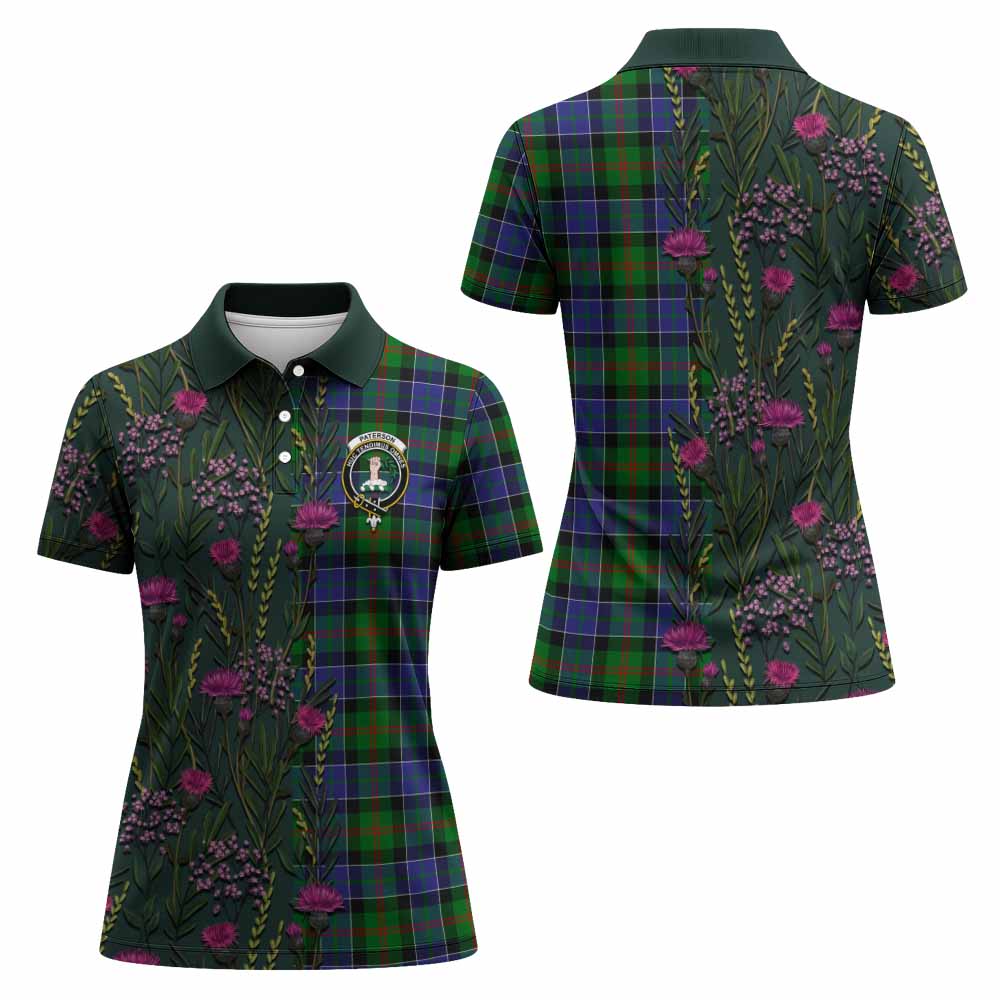 Paterson Family Crest Tartan Women Polo Shirt Scottish Thistle Flower Pattern Half Style - Tartan Vibes Clothing