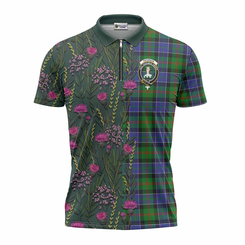 Paterson Family Crest Tartan Zipper Polo Shirt Scottish Thistle Flower Pattern Half Style - Tartan Vibes Clothing