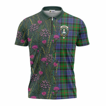 Paterson Family Crest Tartan Zipper Polo Shirt Scottish Thistle Flower Pattern Half Style