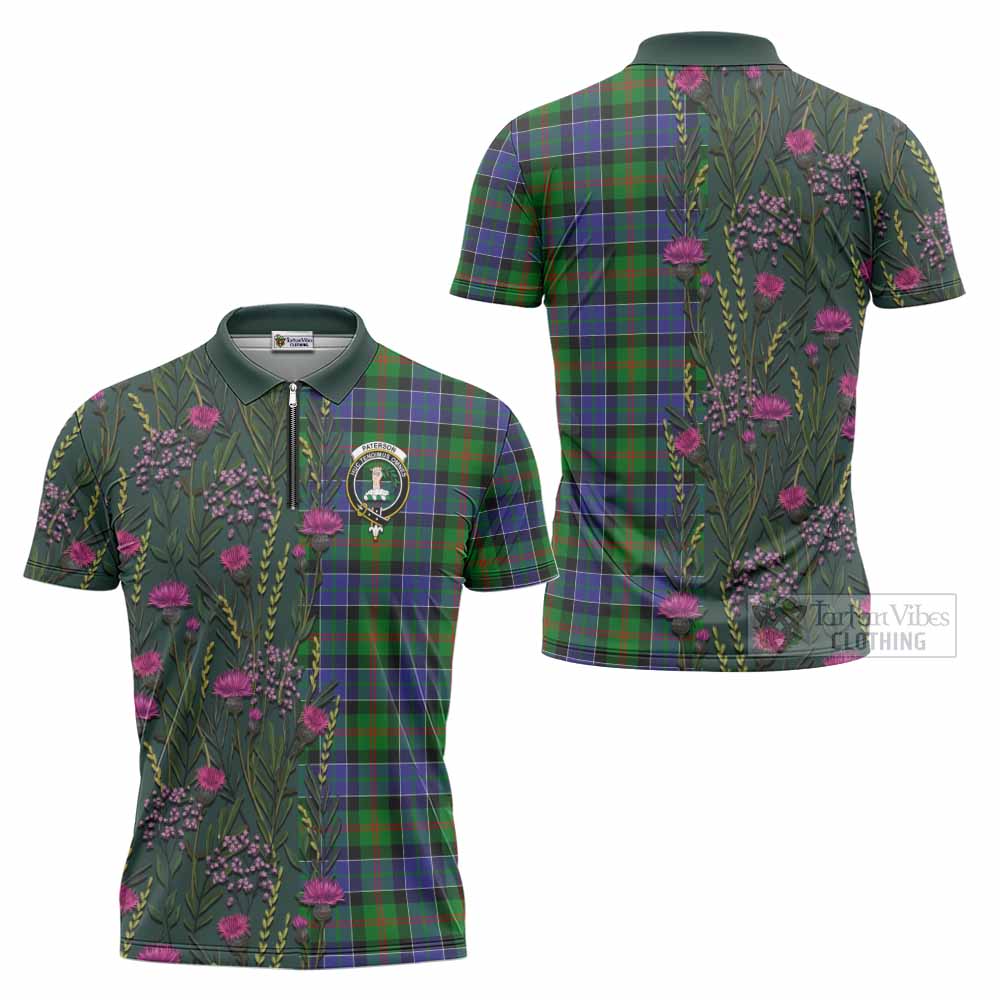 Paterson Family Crest Tartan Zipper Polo Shirt Scottish Thistle Flower Pattern Half Style - Tartan Vibes Clothing