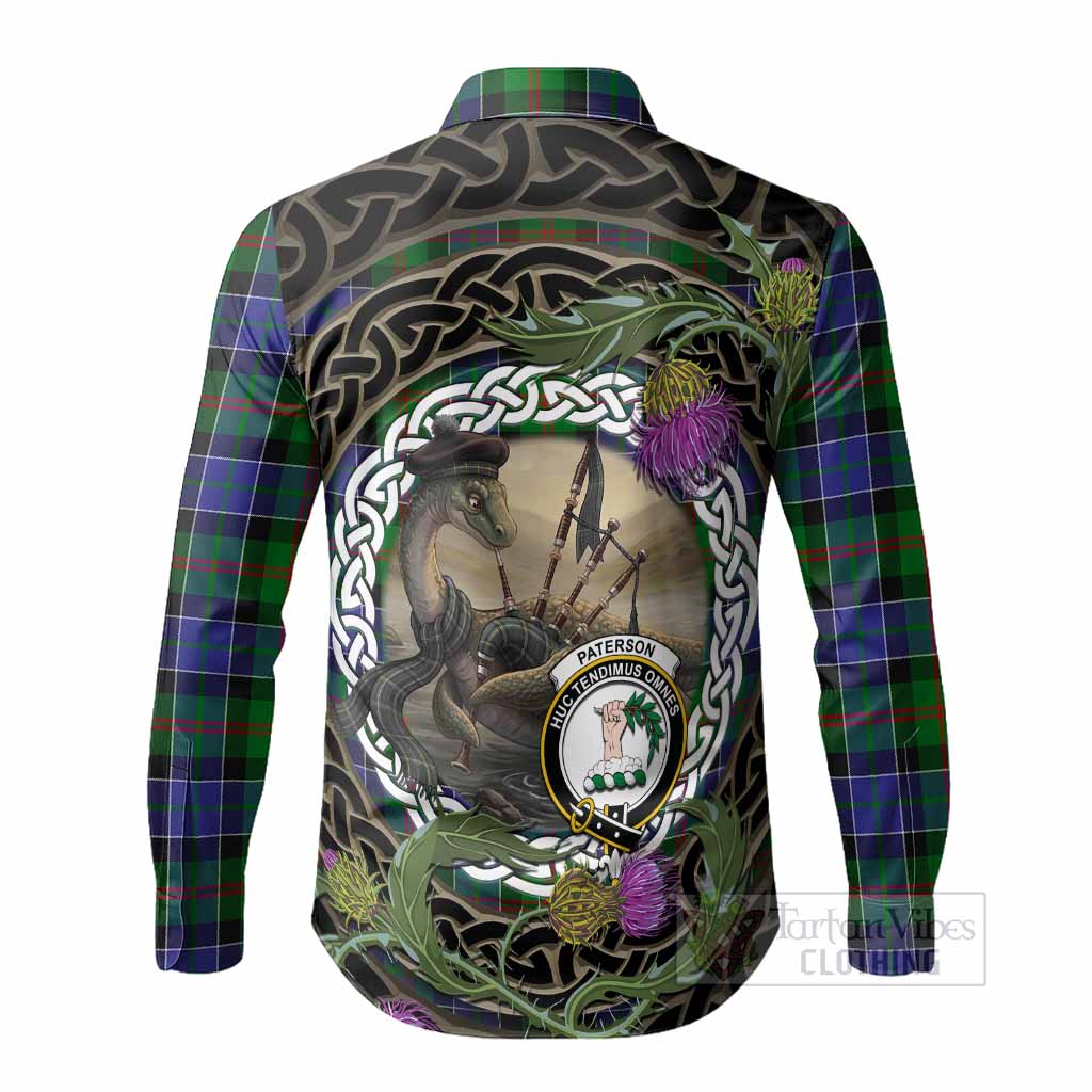 Paterson Tartan Crest Bagpipe Nessie Long Sleeve Button Shirts Scottish Loch Ness Monster Celtic Thistle