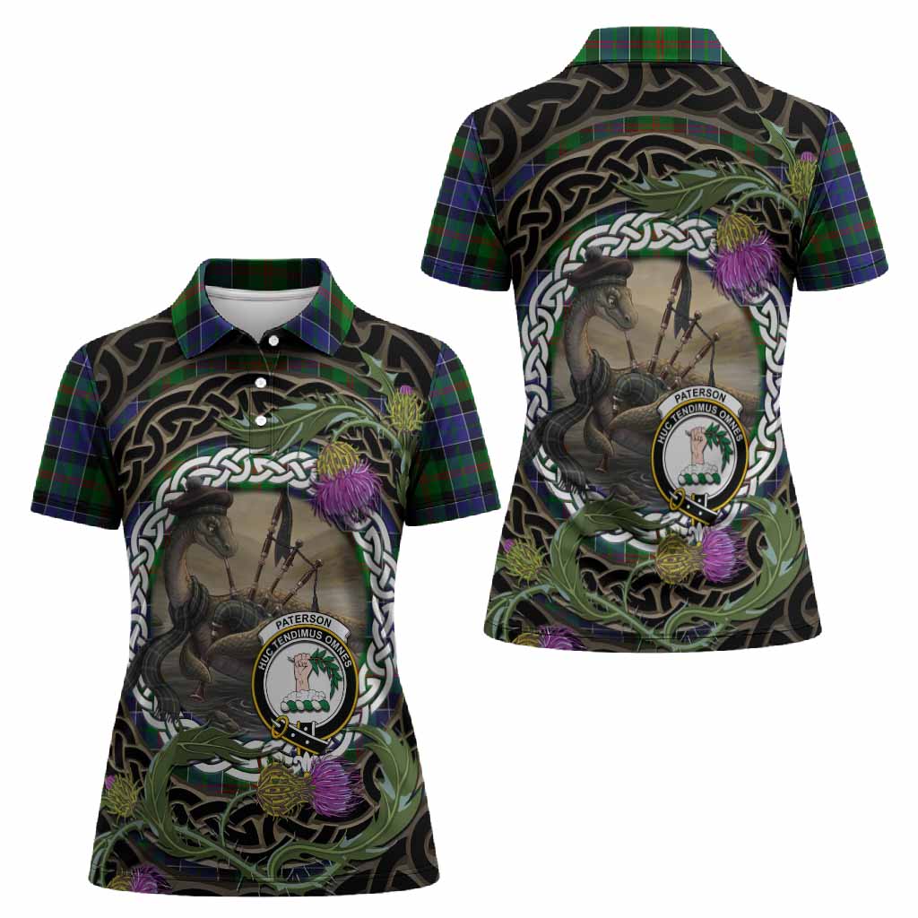 Paterson Tartan Crest Bagpipe Nessie Women Polo Shirt Scottish Loch Ness Monster Celtic Thistle