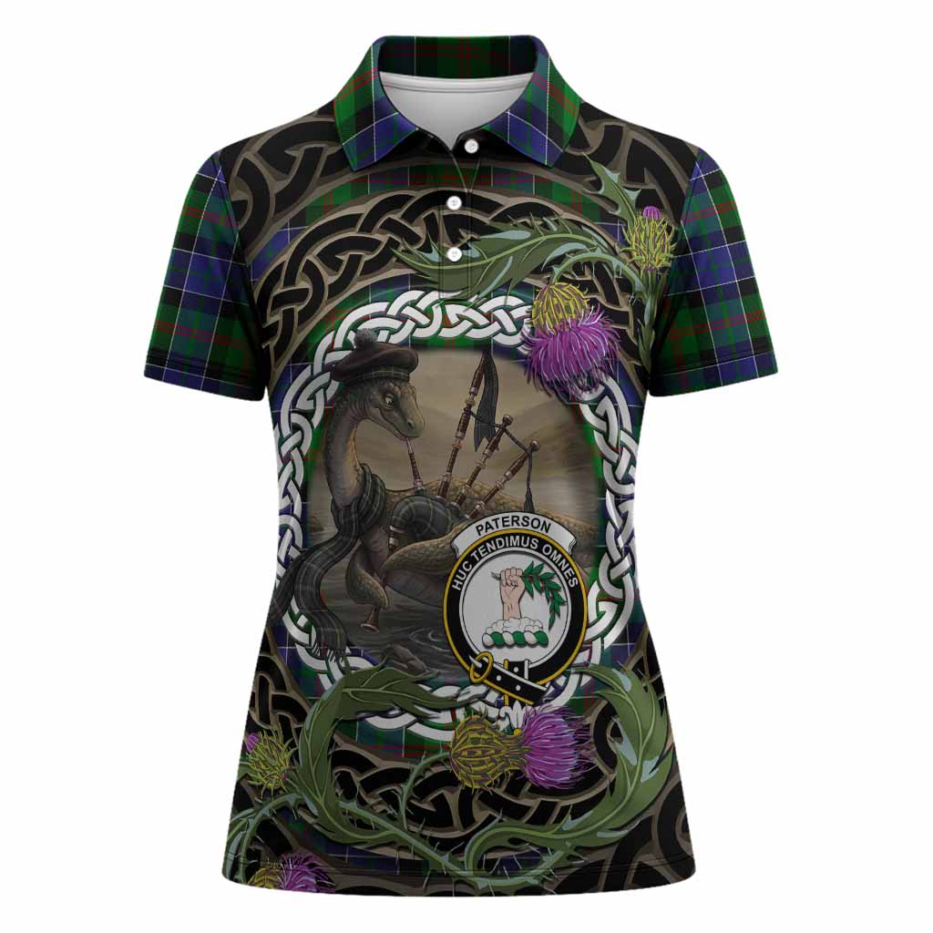Paterson Tartan Crest Bagpipe Nessie Women Polo Shirt Scottish Loch Ness Monster Celtic Thistle