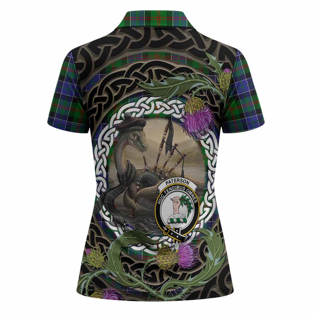 Paterson Tartan Crest Bagpipe Nessie Women Polo Shirt Scottish Loch Ness Monster Celtic Thistle