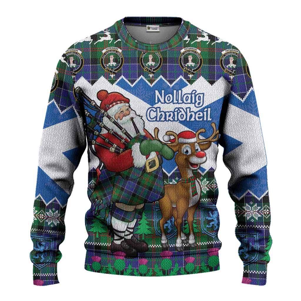 Paterson Tartan Crest Christmas Christmas Ugly Sweater Scotland Santa With Bagpipes Cute Reindeer