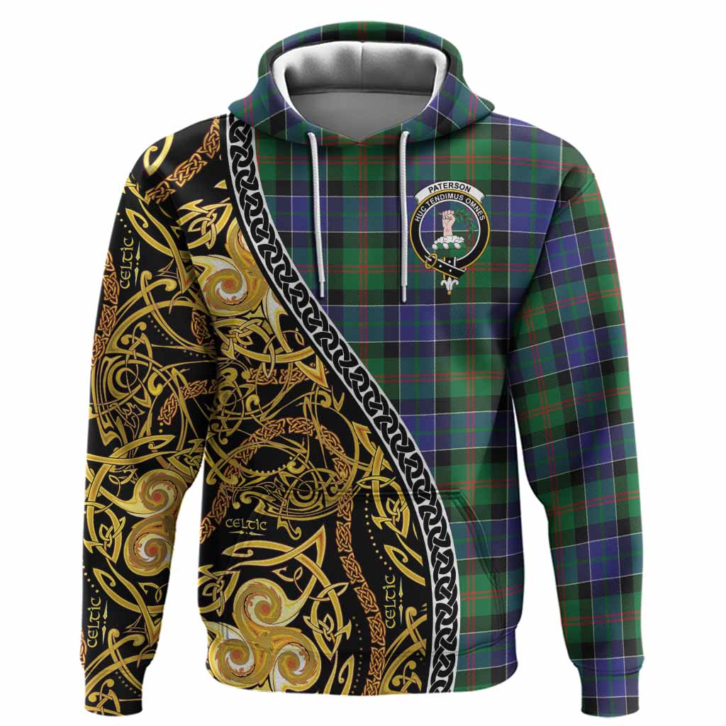 Paterson Tartan Crest Hoodie Celtic Knot and Triple Trickle Spiral Symbols