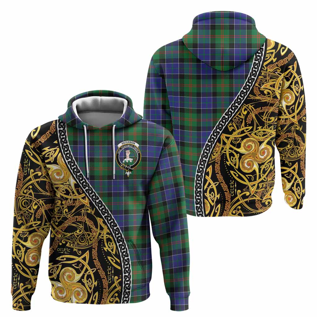 Paterson Tartan Crest Hoodie Celtic Knot and Triple Trickle Spiral Symbols