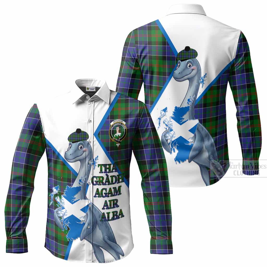 Paterson Tartan Crest Loch Ness Monster Long Sleeve Button Shirts Nessie Scottish Map Tha Gradh Agam Air Alba